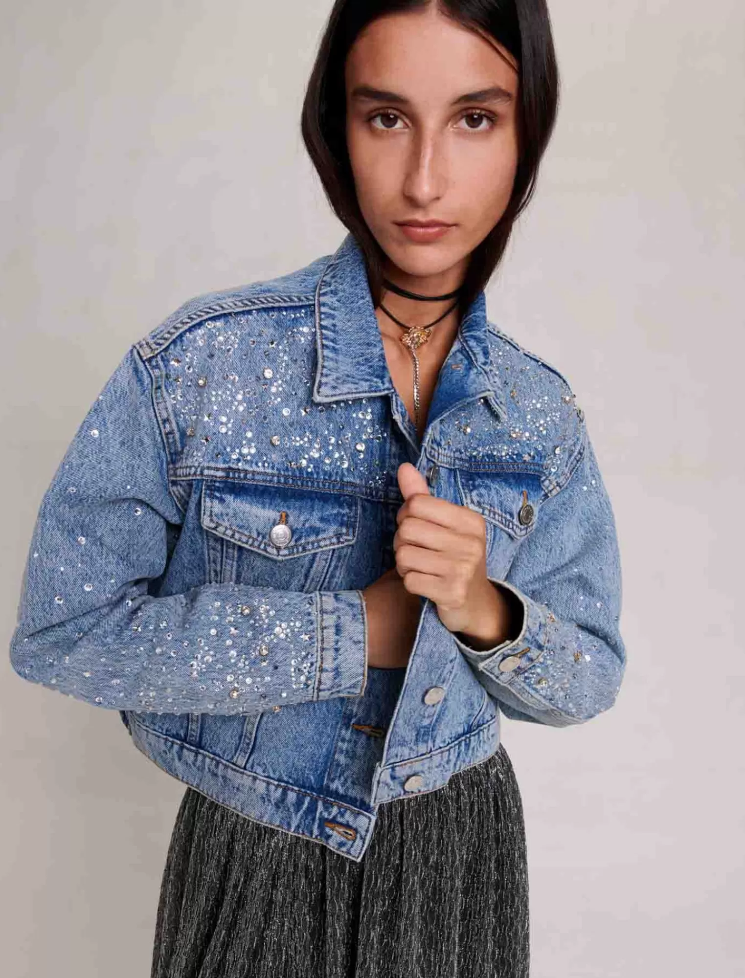 Women Maje Betoile Denim Jacket With Rhinestones
