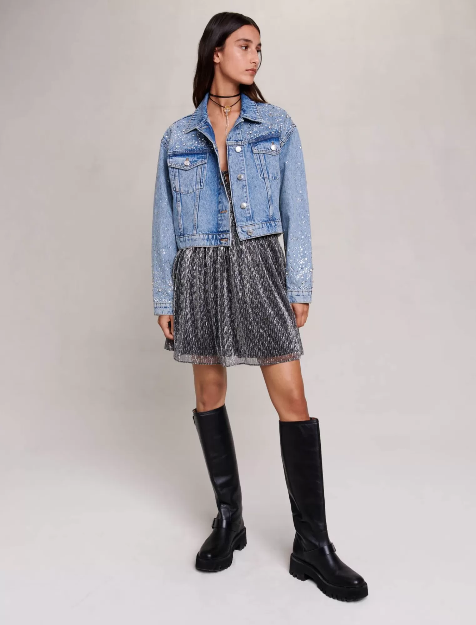 Women Maje Betoile Denim Jacket With Rhinestones