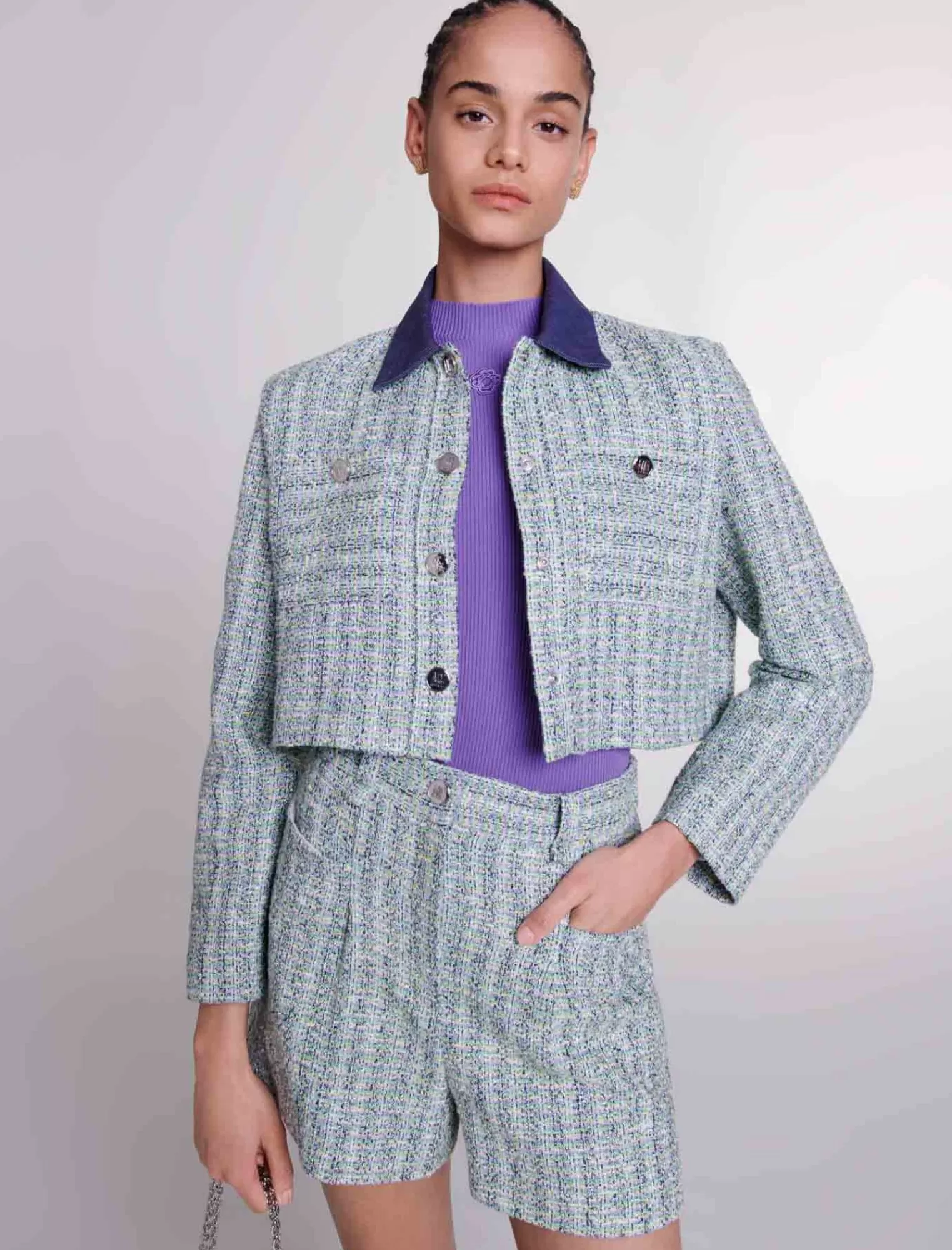 Women Maje Contrast Tweed Cropped Jacket