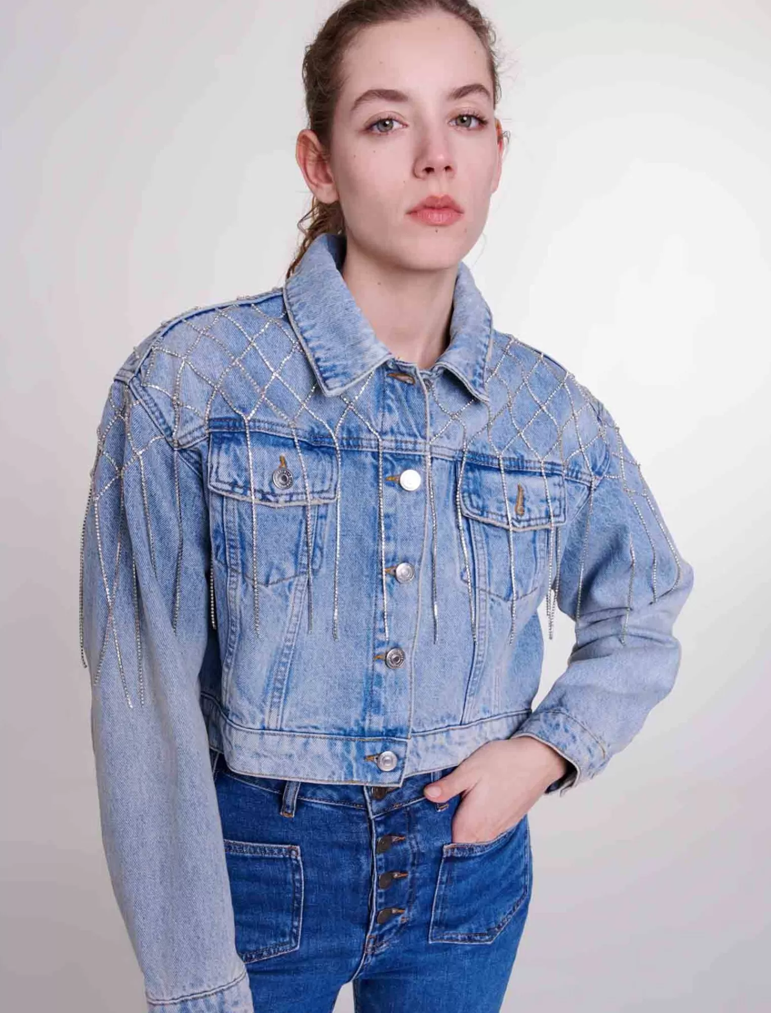 Women Maje Cropped Denim Jacket With Rhinestones