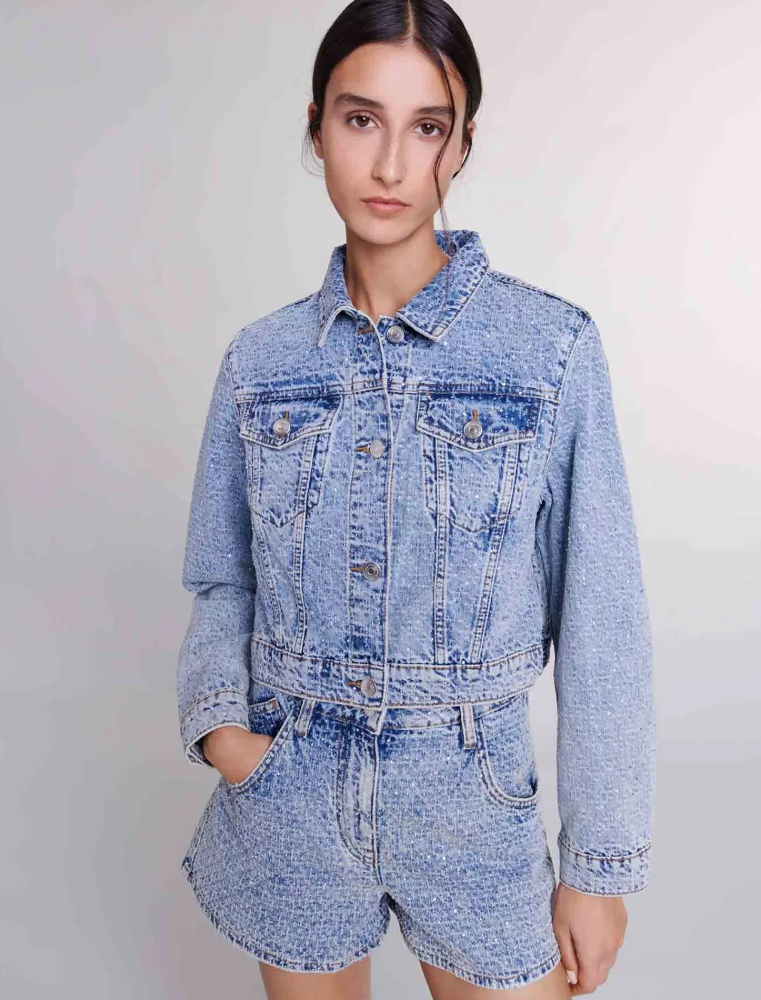 Women Maje Faded Cropped Denim Jacket
