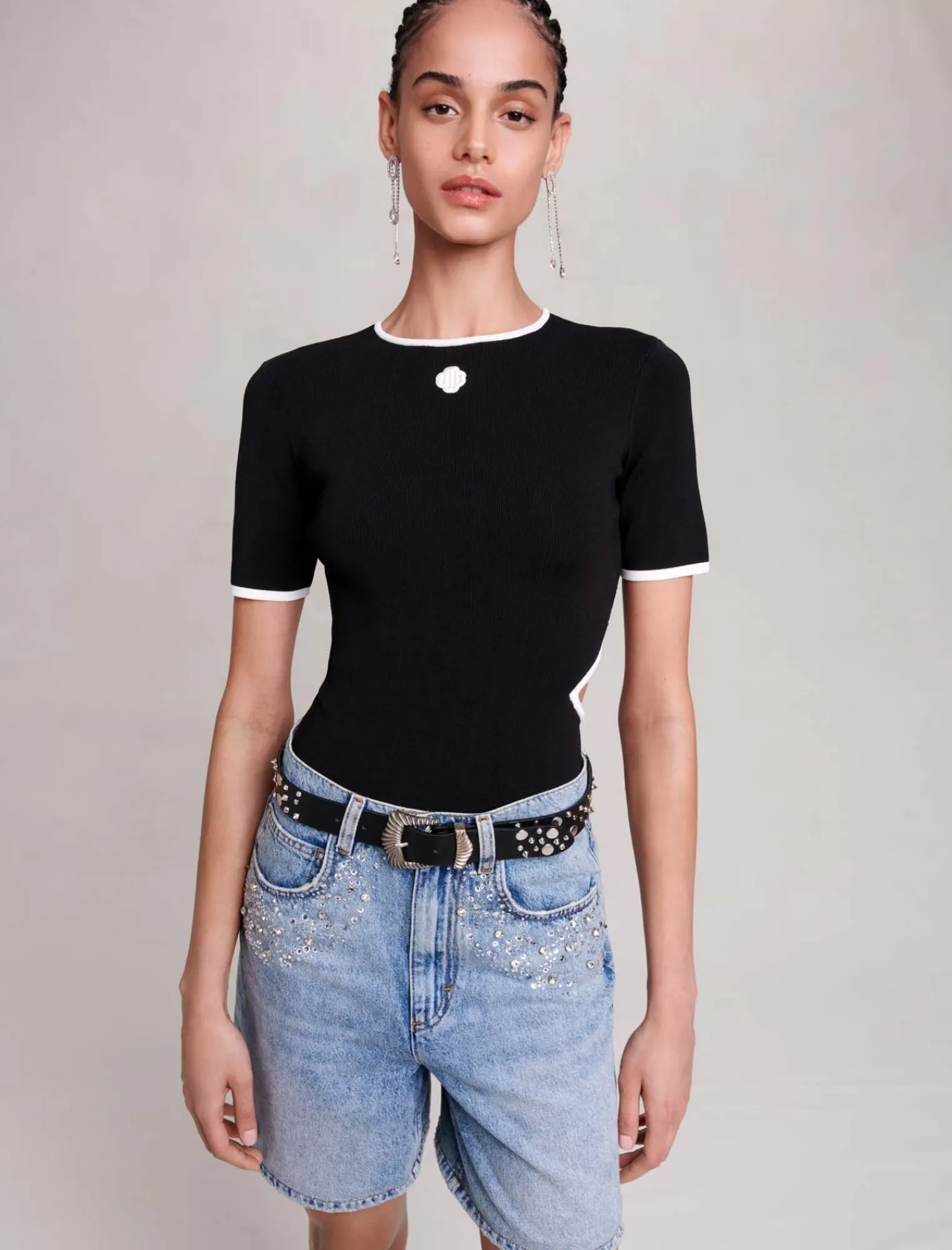 Women Maje Flared Denim Shorts With Rhinestones