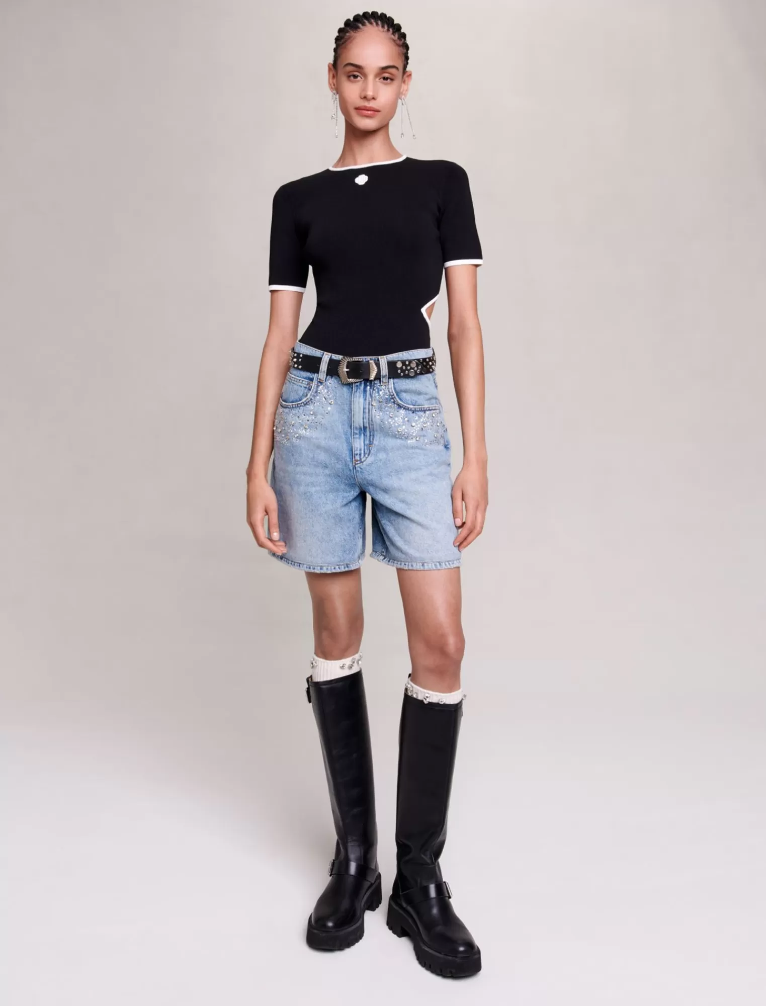 Women Maje Flared Denim Shorts With Rhinestones