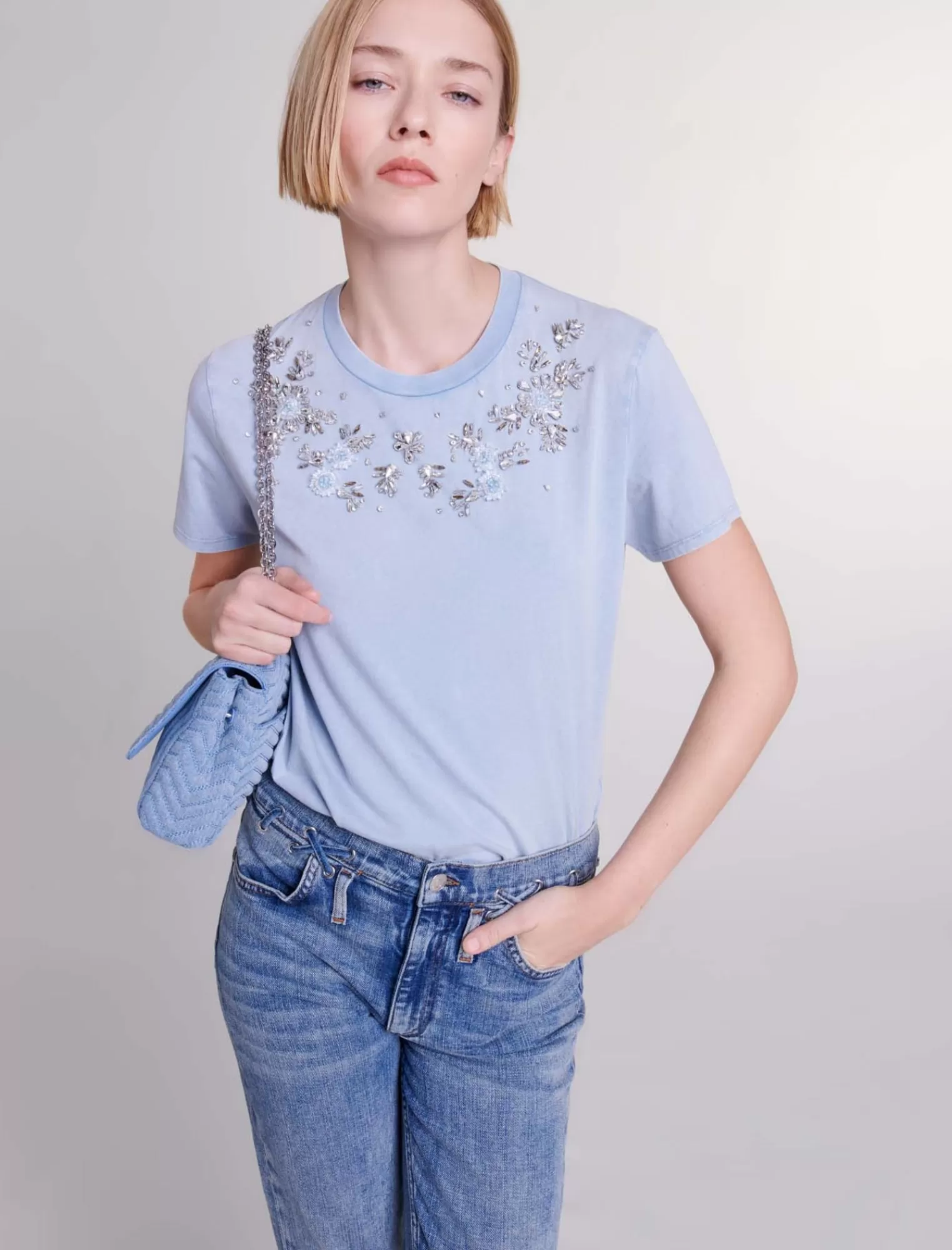 Women Maje Flower Tshirt With Rhinestones