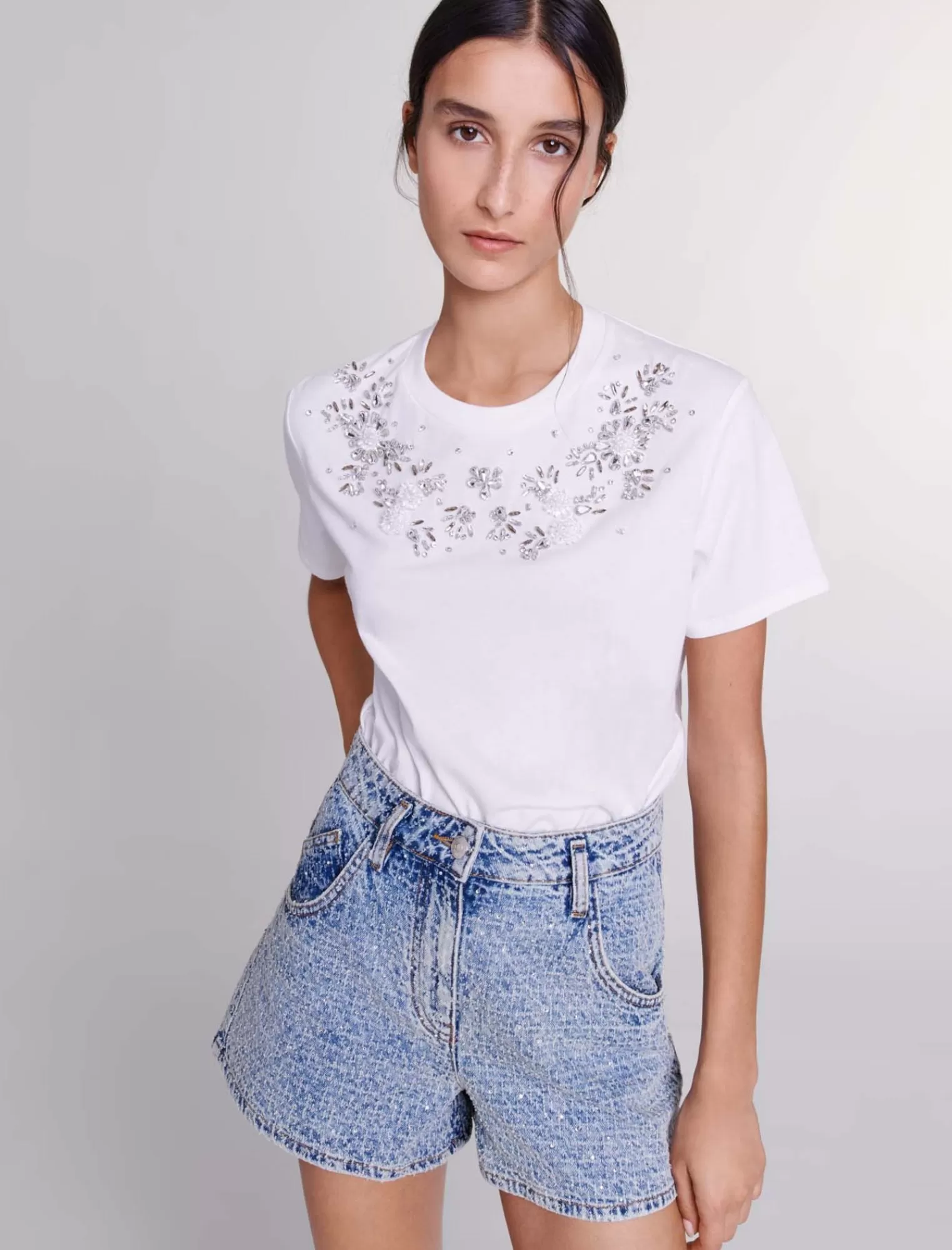 Women Maje Flower Tshirt With Rhinestones