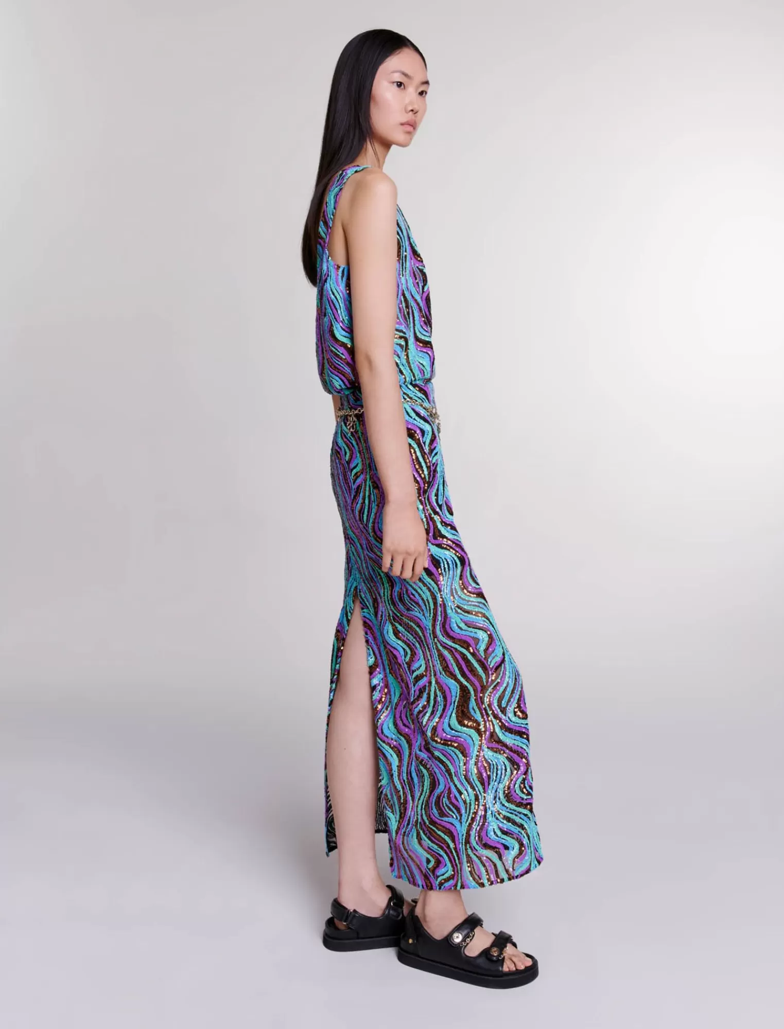 Women Maje Long Embroidered Sequin Skirt