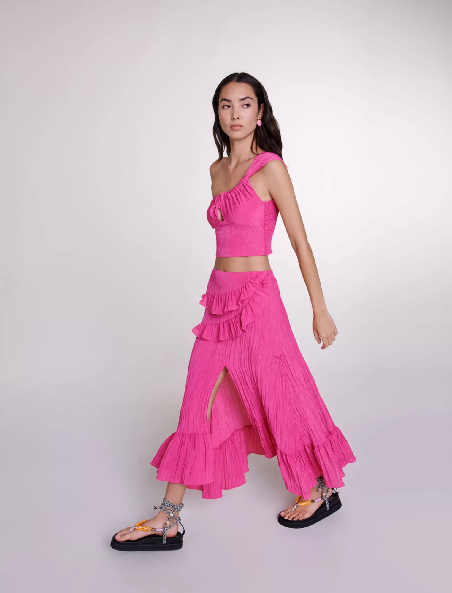 Women Maje Long Satin Effect Crinkle Skirt