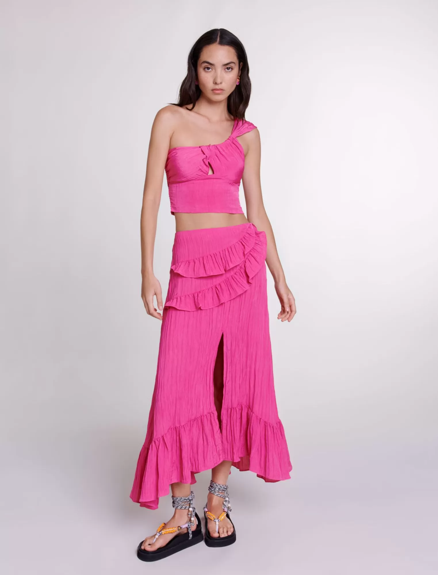Women Maje Long Satin Effect Crinkle Skirt