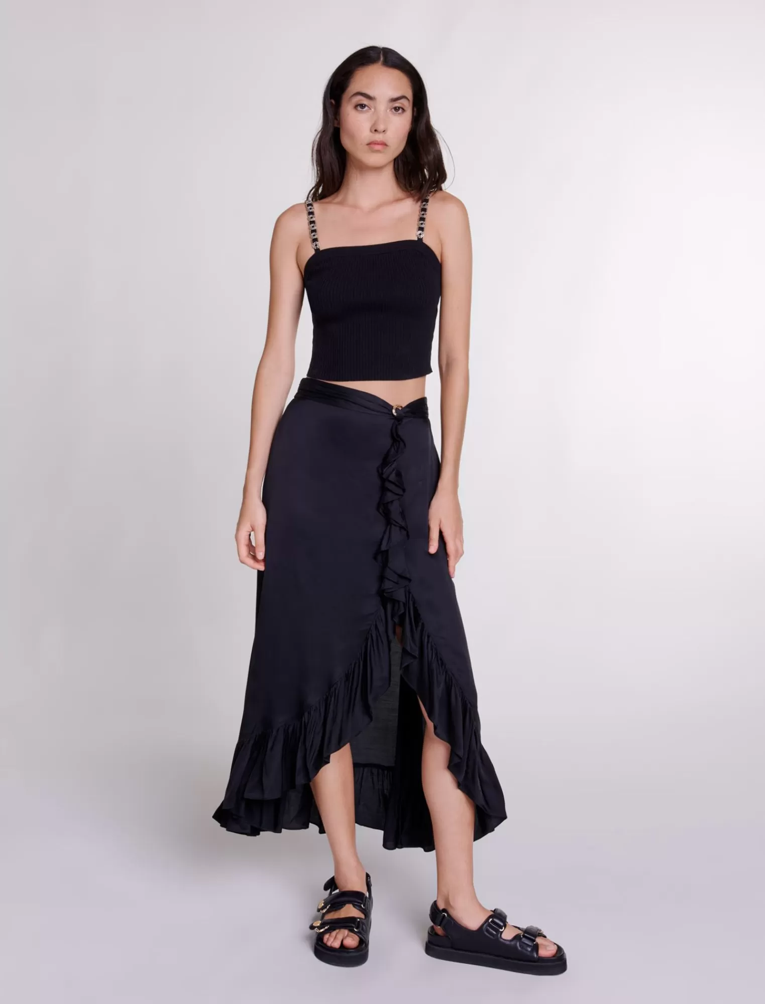 Women Maje Long Satin Effect Ruffled Skirt