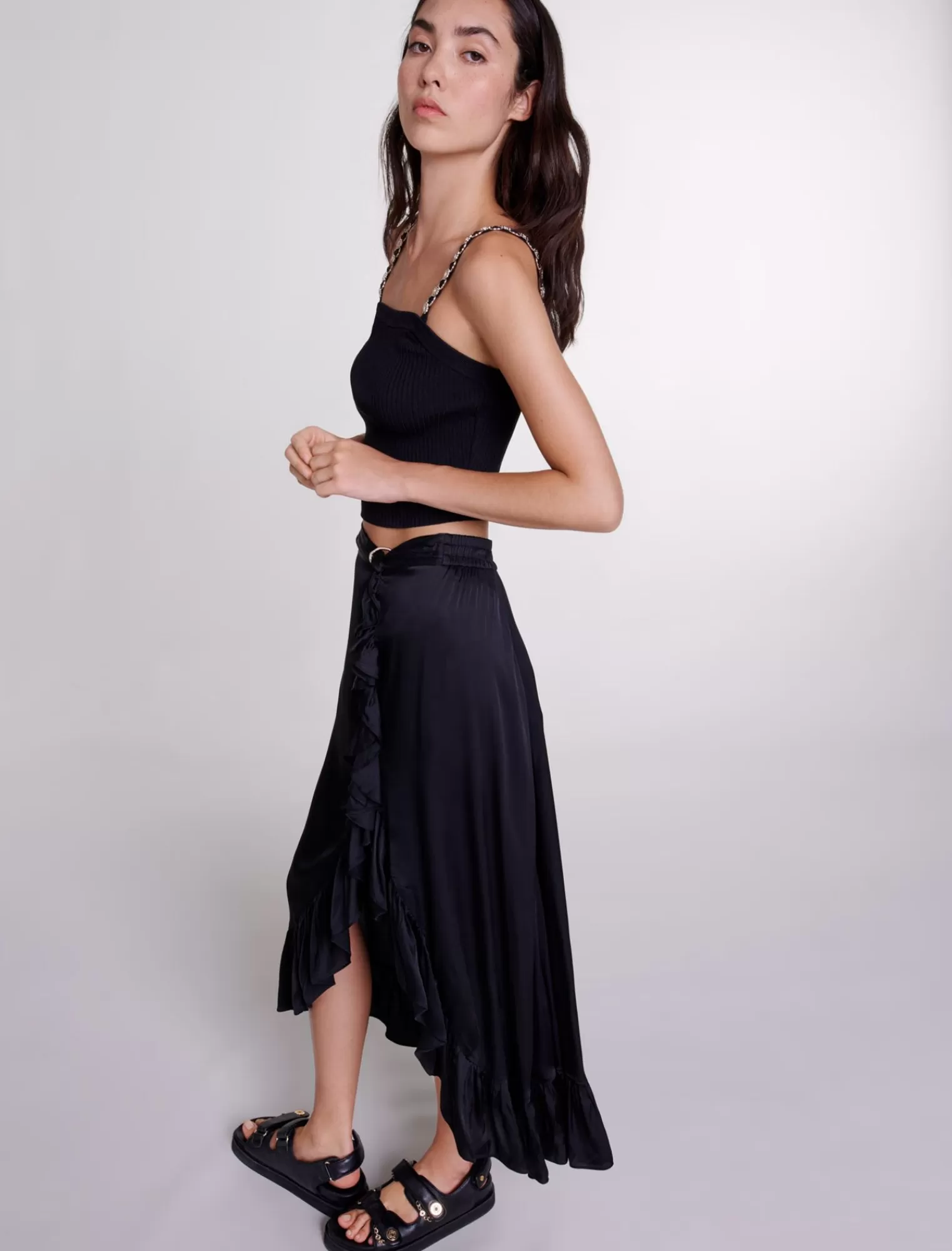 Women Maje Long Satin Effect Ruffled Skirt