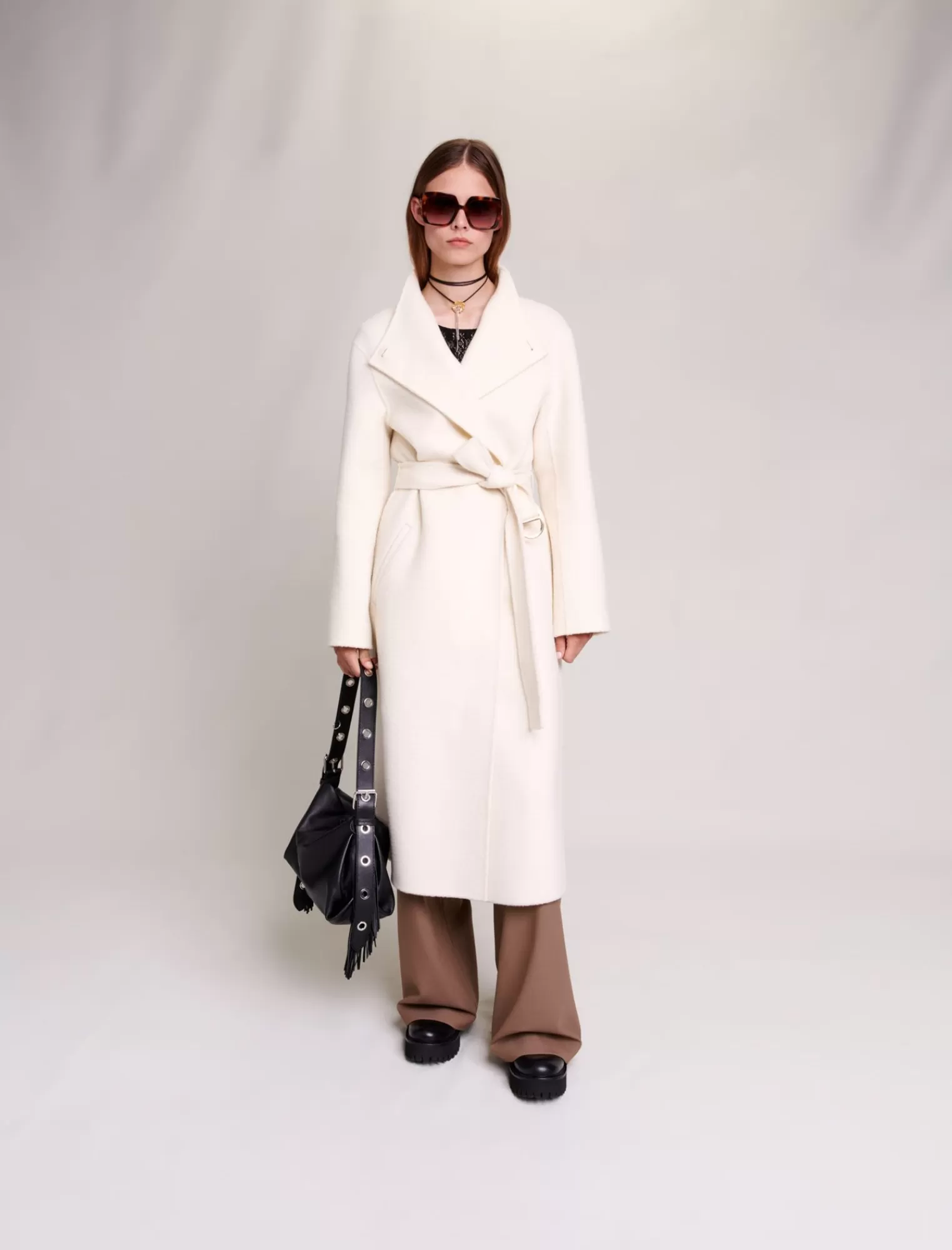 Women Maje Mid Length Coat With Tie Fastening