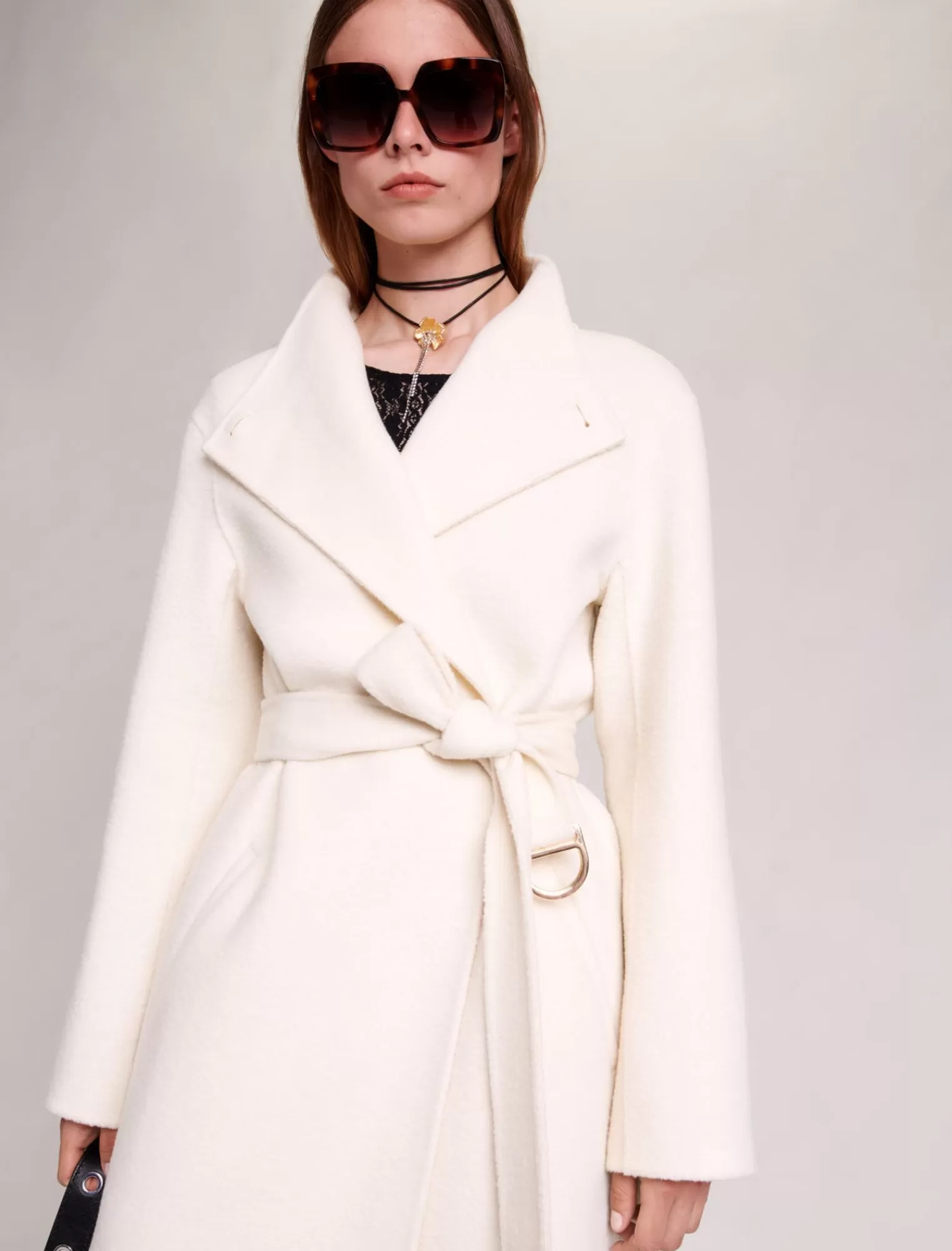 Women Maje Mid Length Coat With Tie Fastening