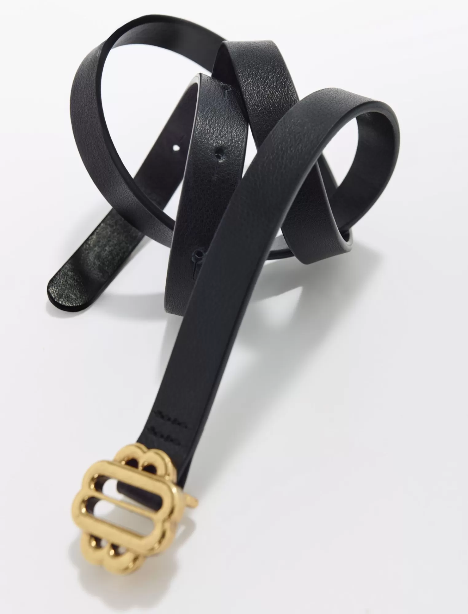 Women Maje Narrow Black Leather Belt Gold Buckle