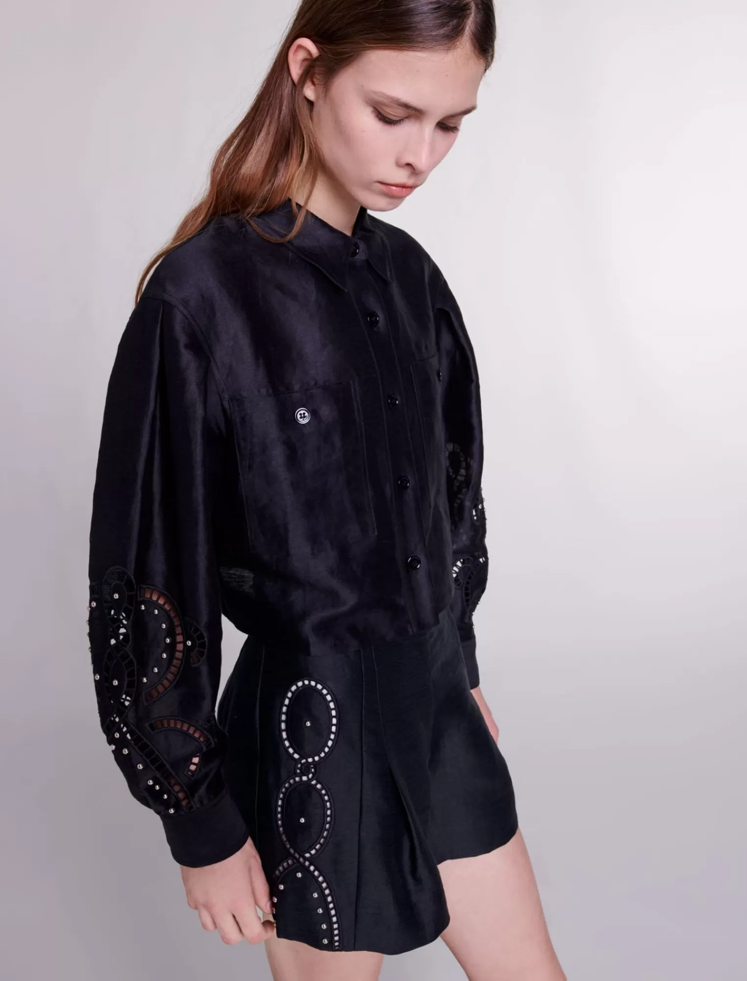 Women Maje Openwork Linen Cropped Shirt