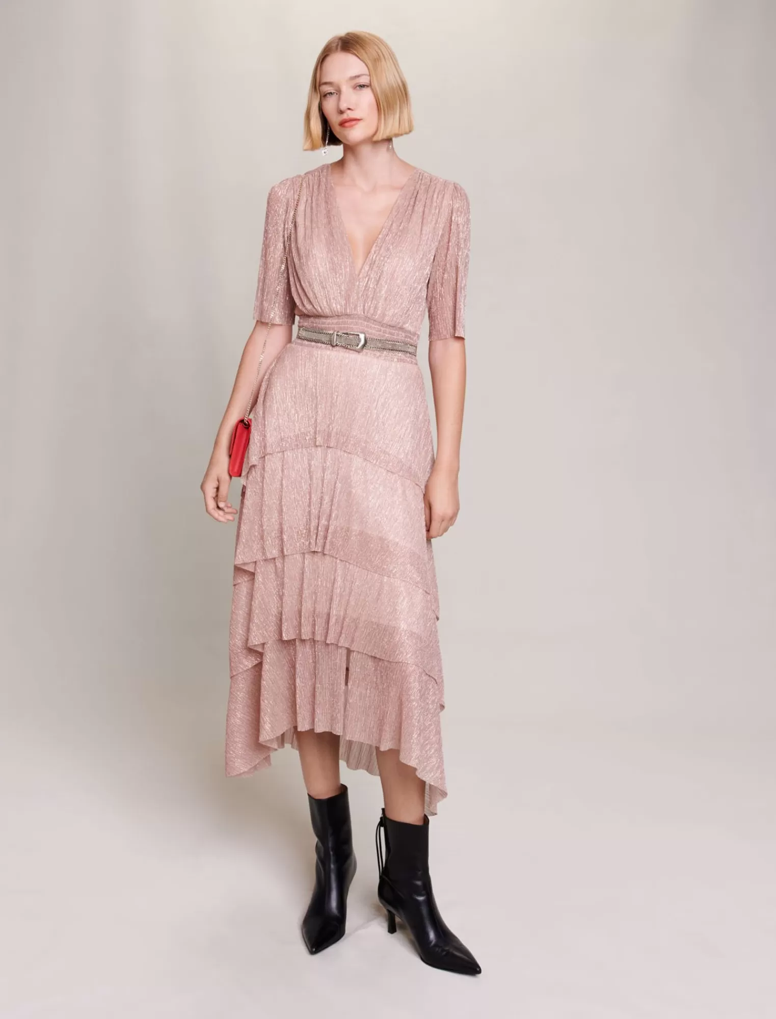 Women Maje Pink Short Ruffled Lame Dress