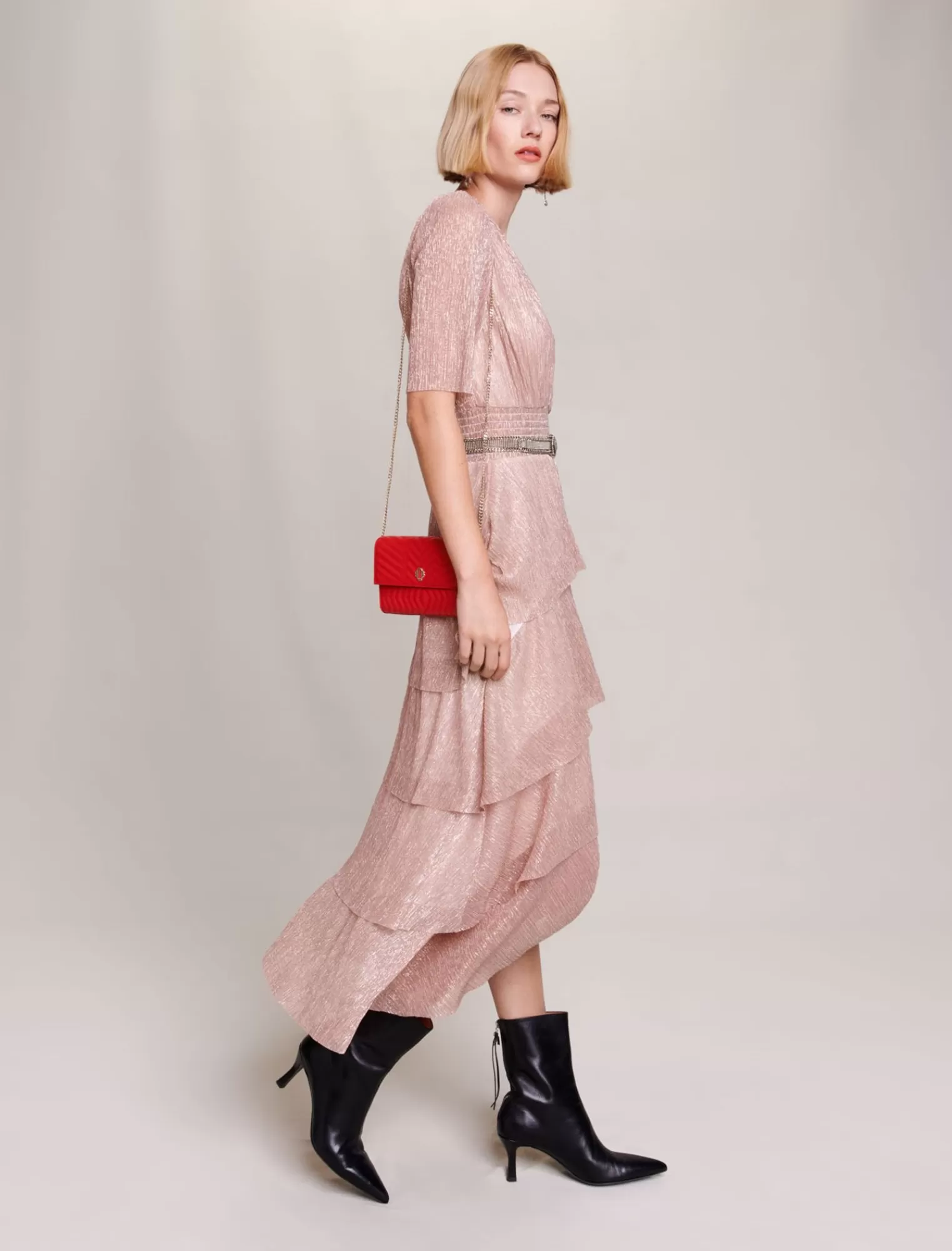 Women Maje Pink Short Ruffled Lame Dress