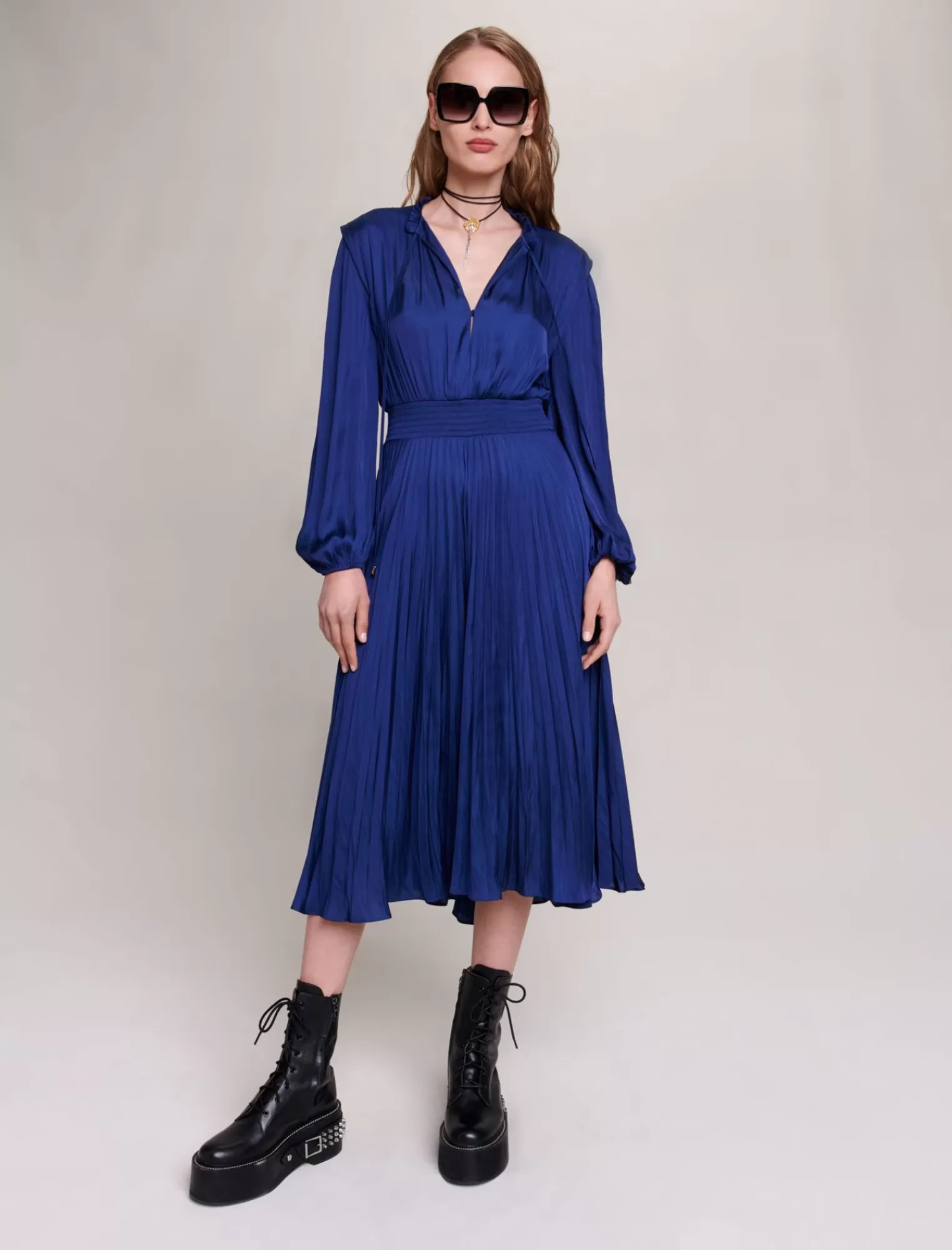 Women Maje Pleated And Satiny Midi Dress