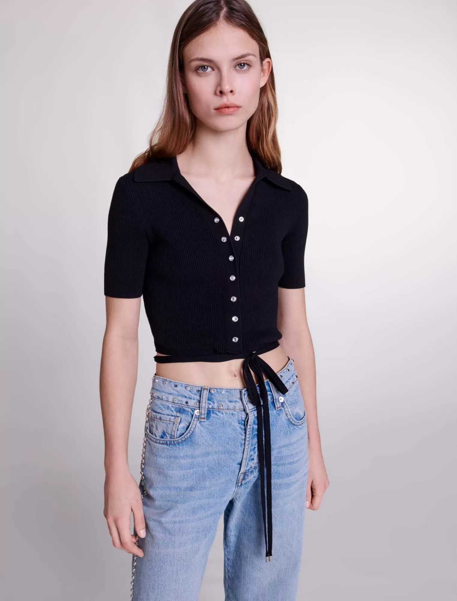 Women Maje Rib Knit Cropped Sweater