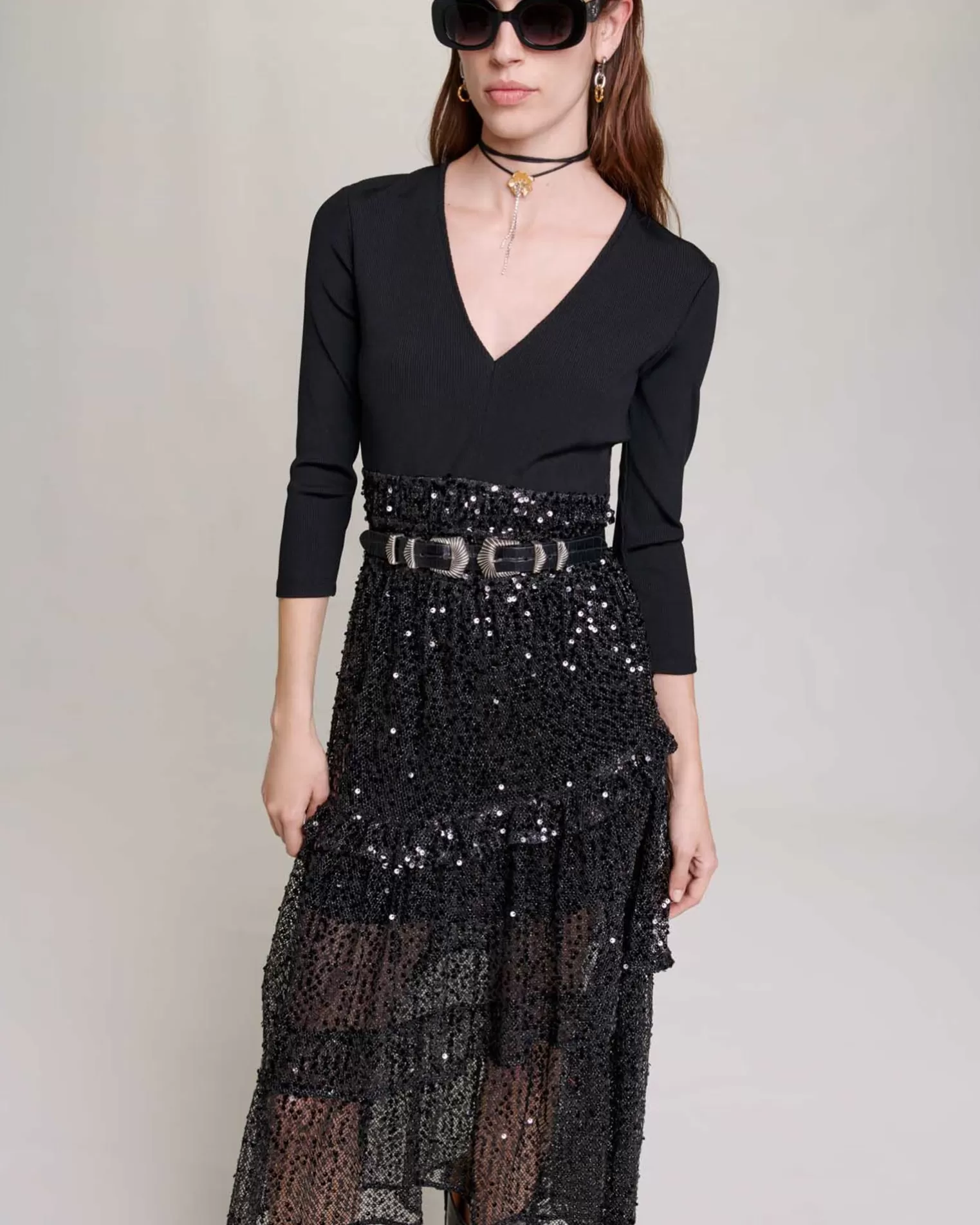 Women Maje Sequin And Mesh Maxi Dress