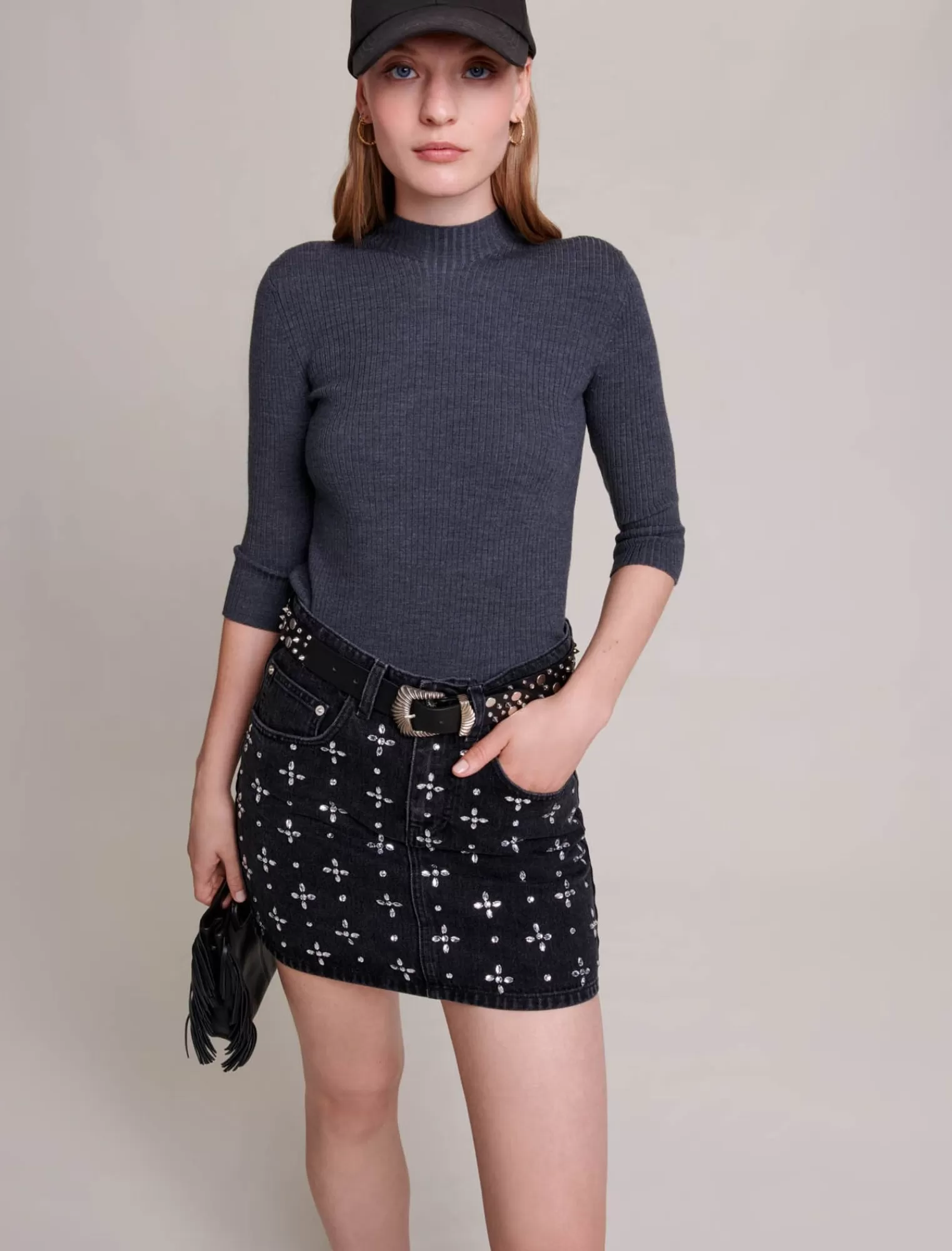 Women Maje Short Denim Skirt With Rhinestones