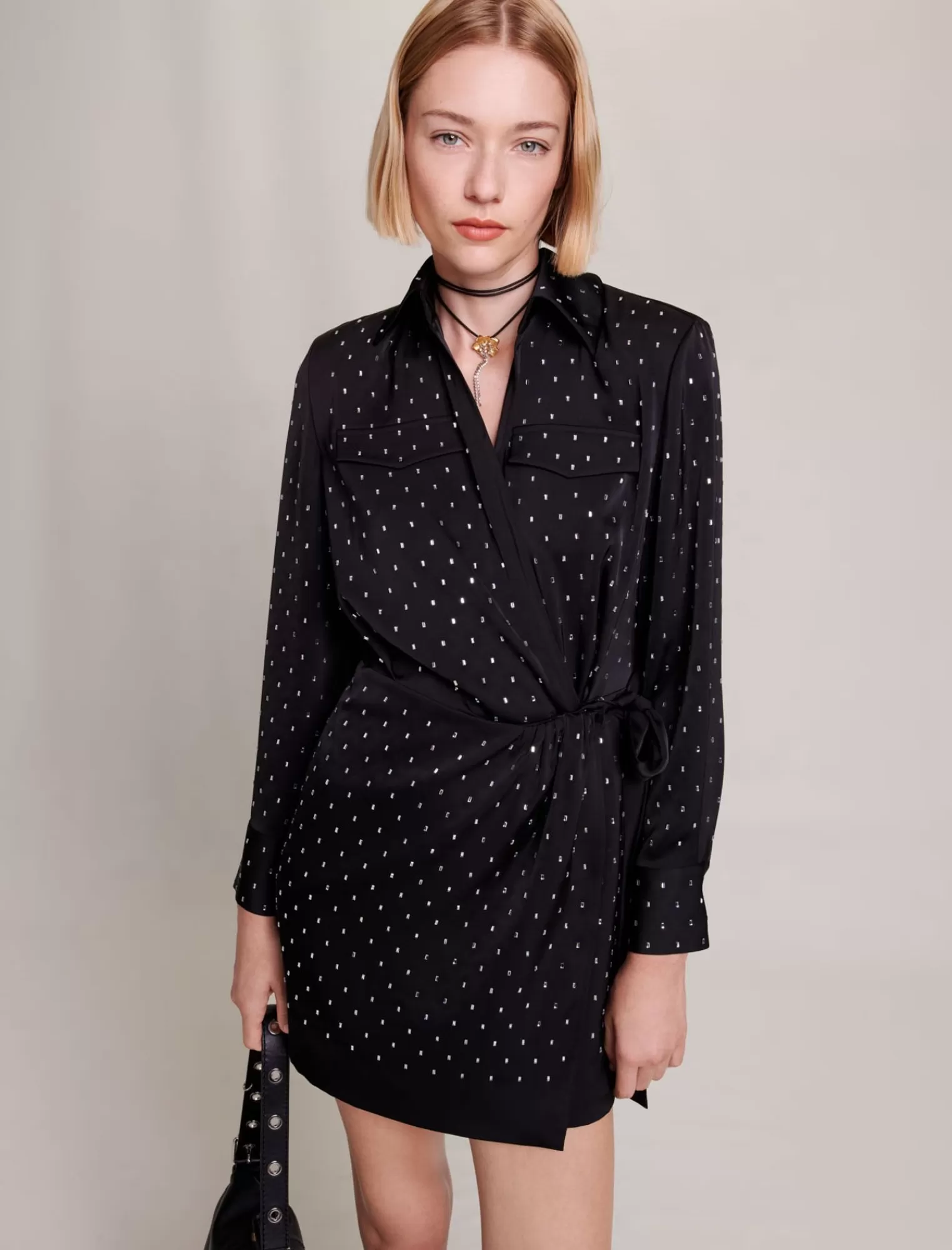 Women Maje Short Satin Effect Rhinestone Dress