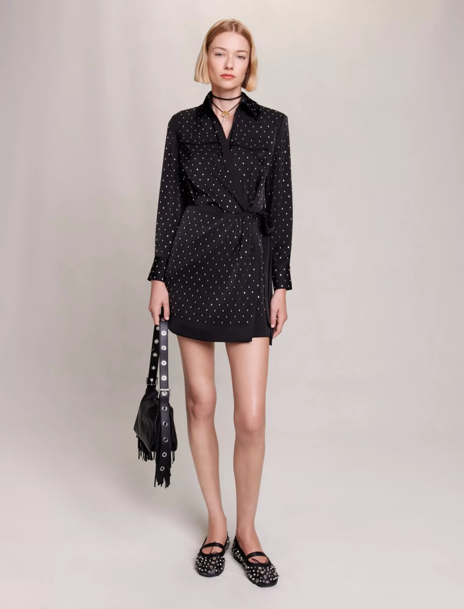 Women Maje Short Satin Effect Rhinestone Dress