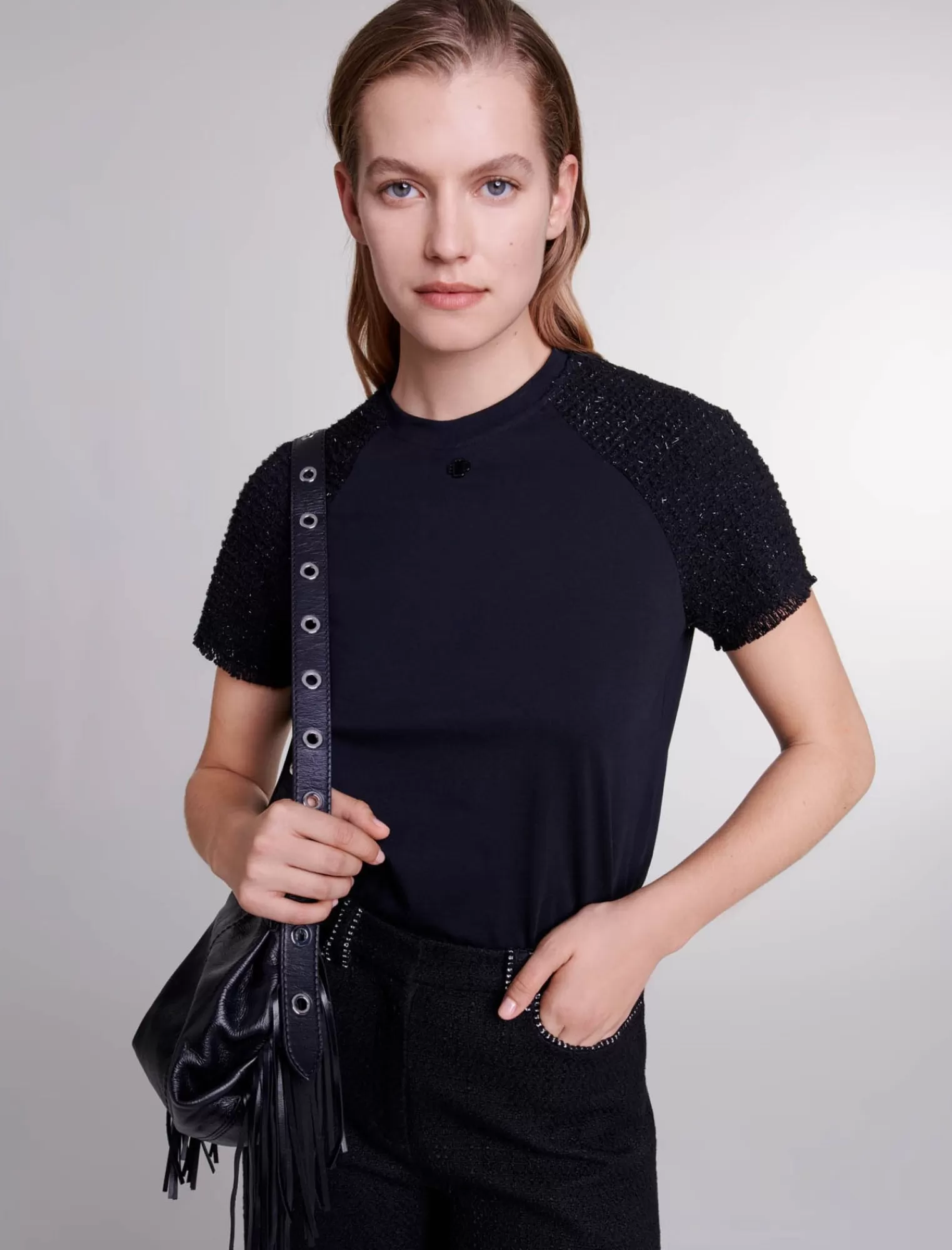 Women Maje Short Sleeved Black Tweed Tshirt