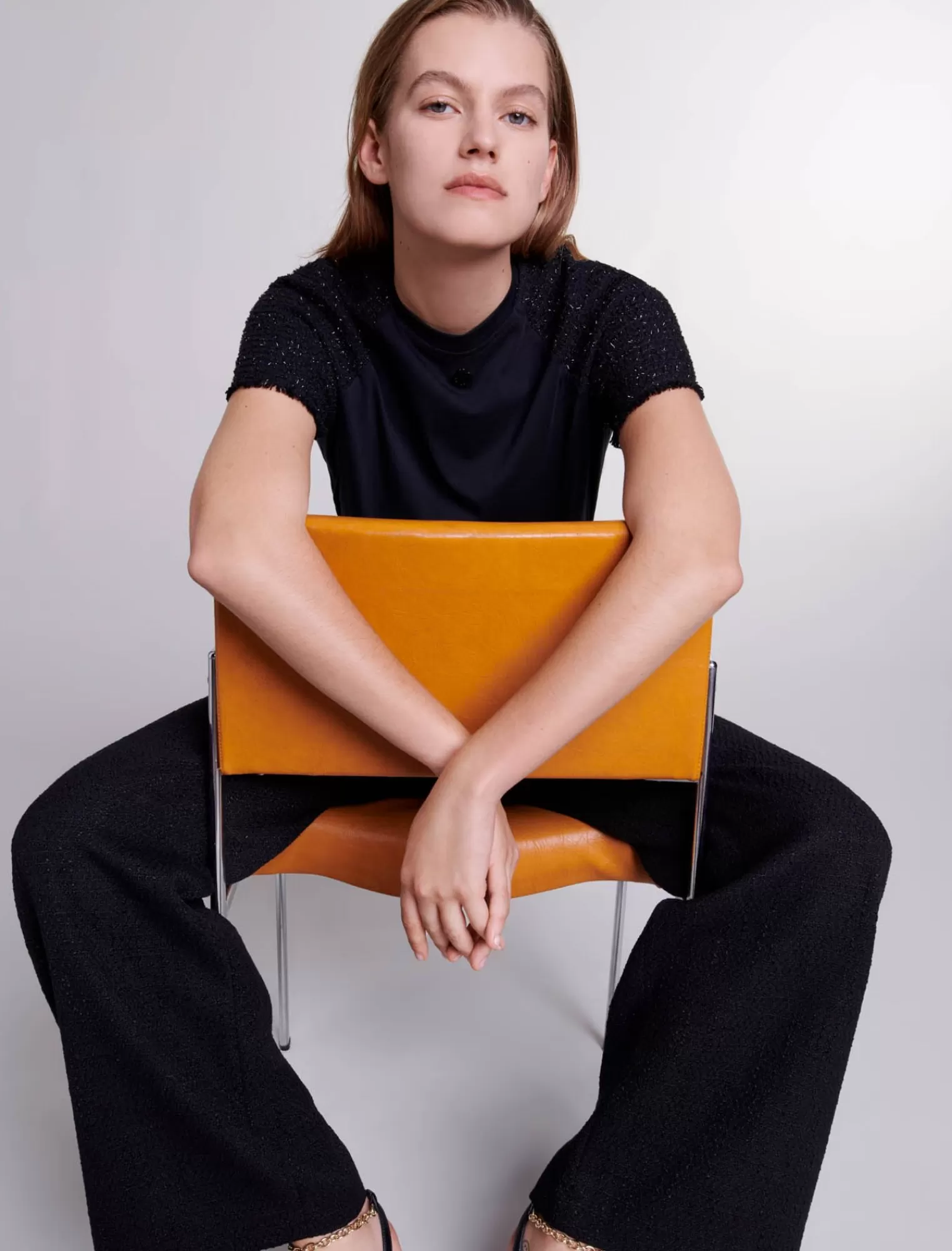 Women Maje Short Sleeved Black Tweed Tshirt