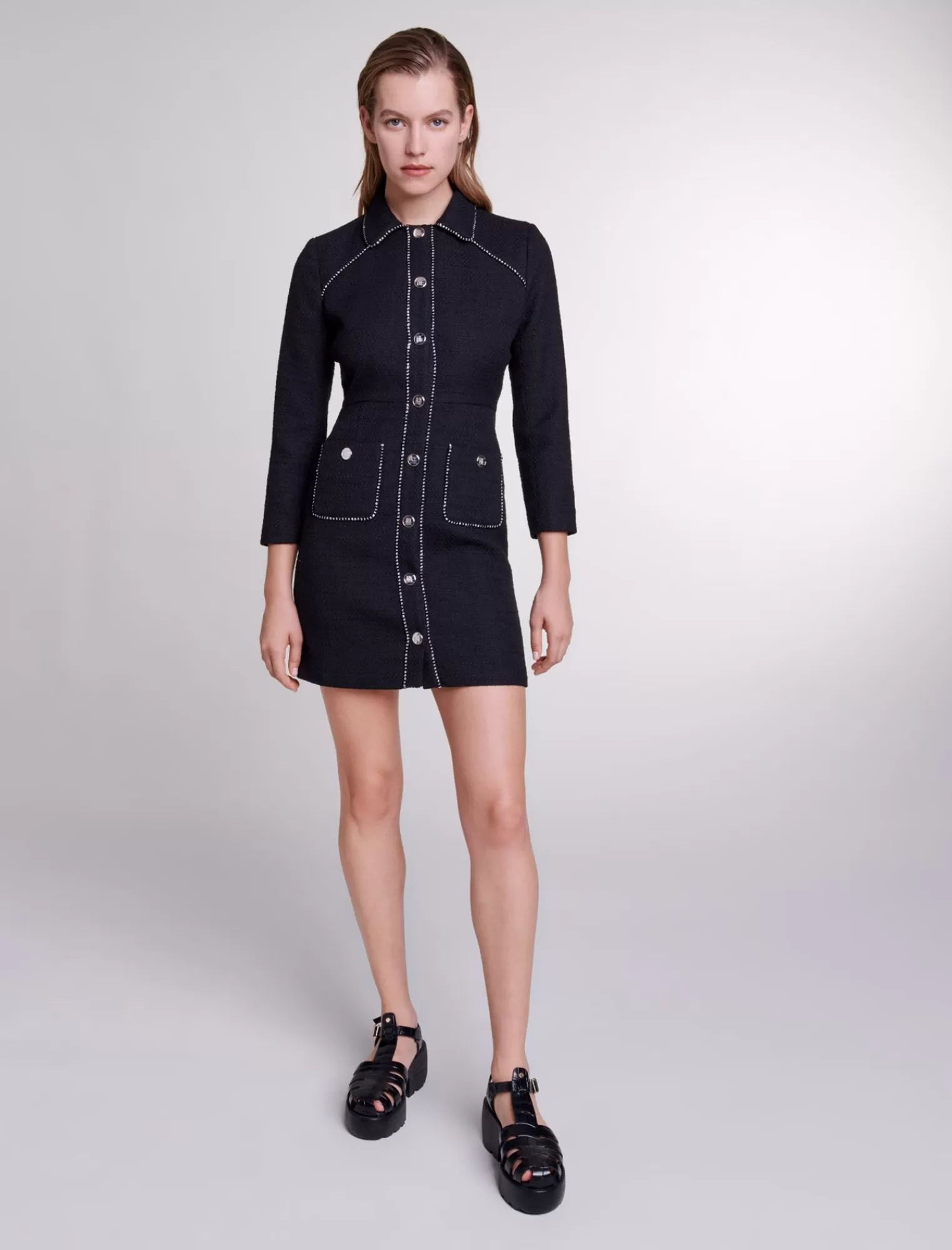 Women Maje Short Tweed Dress With Silver Chain