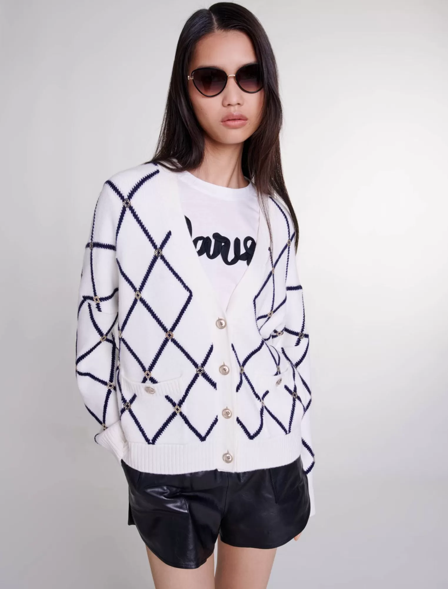 Women Maje Straight V Neck Cardigan With Print