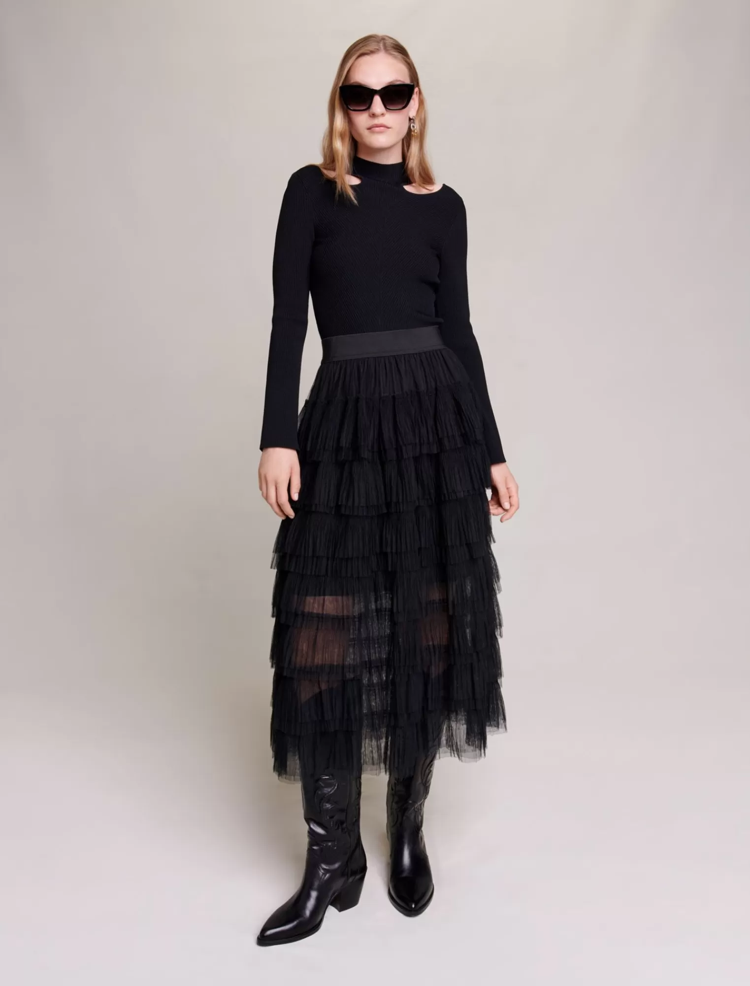 Women Maje Tulle Midi Skirt -Black
