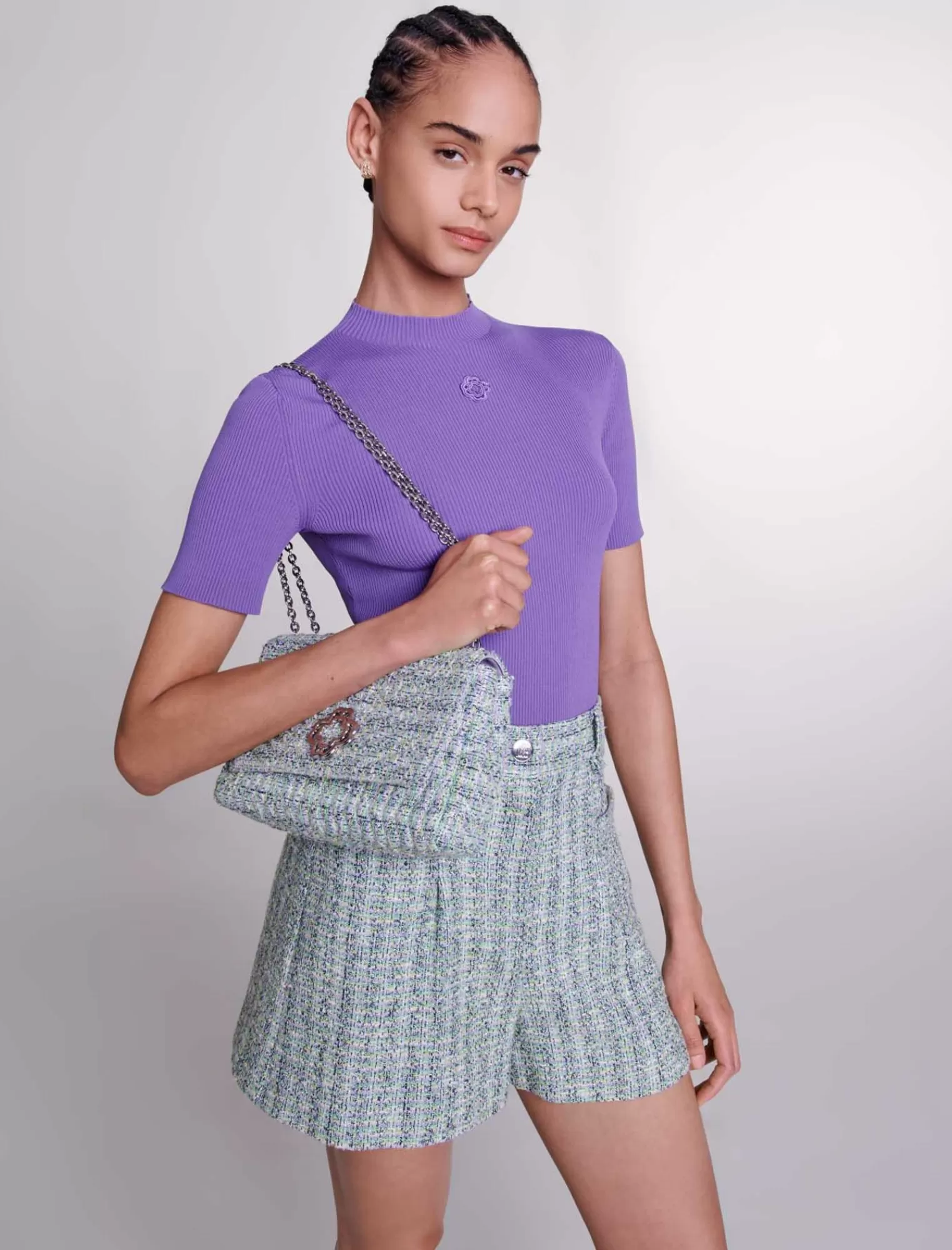 Women Maje Tweed Shorts With Silver Threads