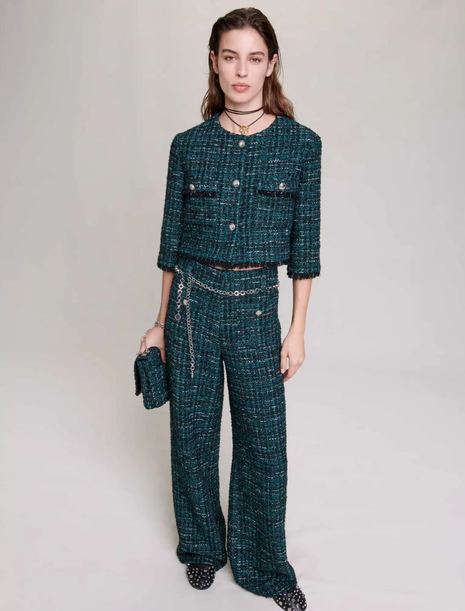 Women Maje Tweed Wide Leg Trousers- Green