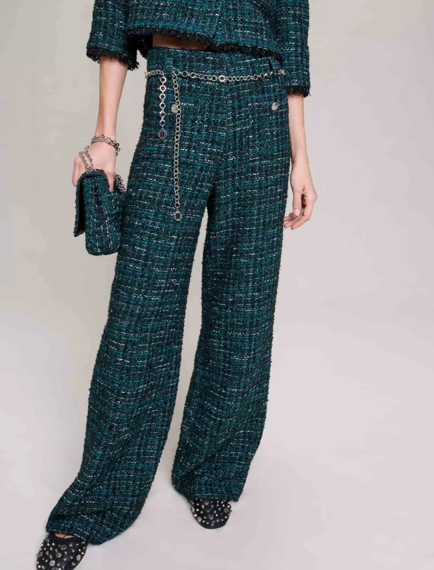 Women Maje Tweed Wide Leg Trousers- Green