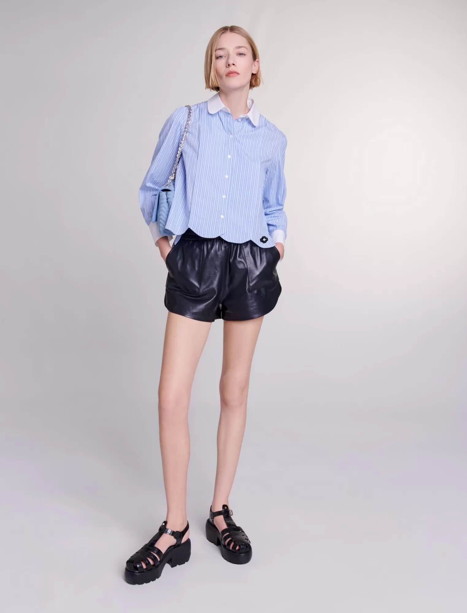 Women Maje White Collared Striped Shirt