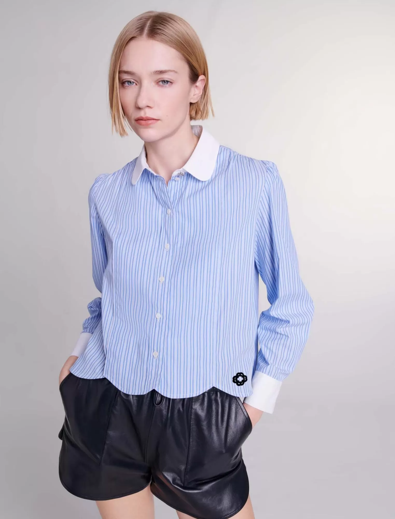 Women Maje White Collared Striped Shirt