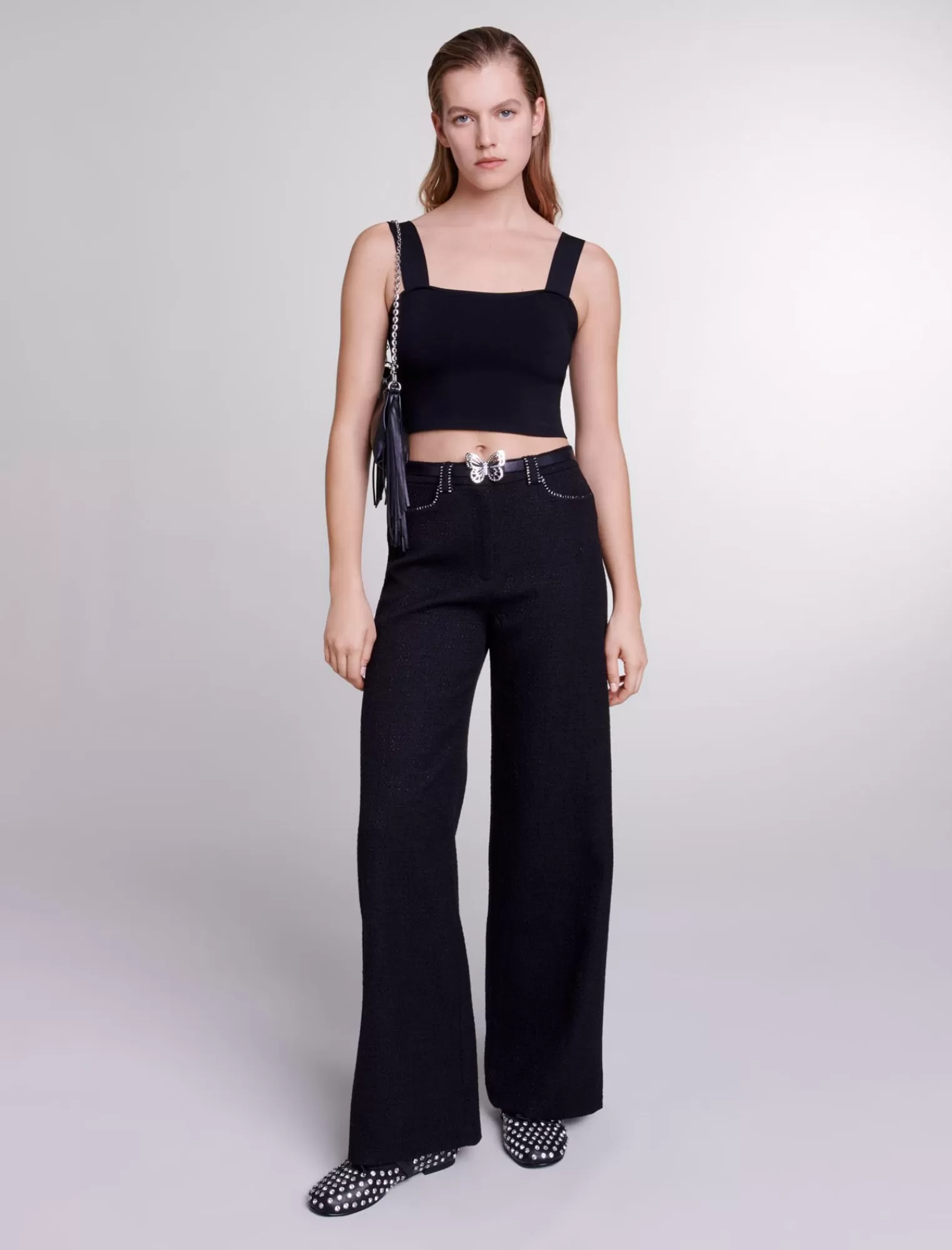 Women Maje Wide Leg Tweed Trousers